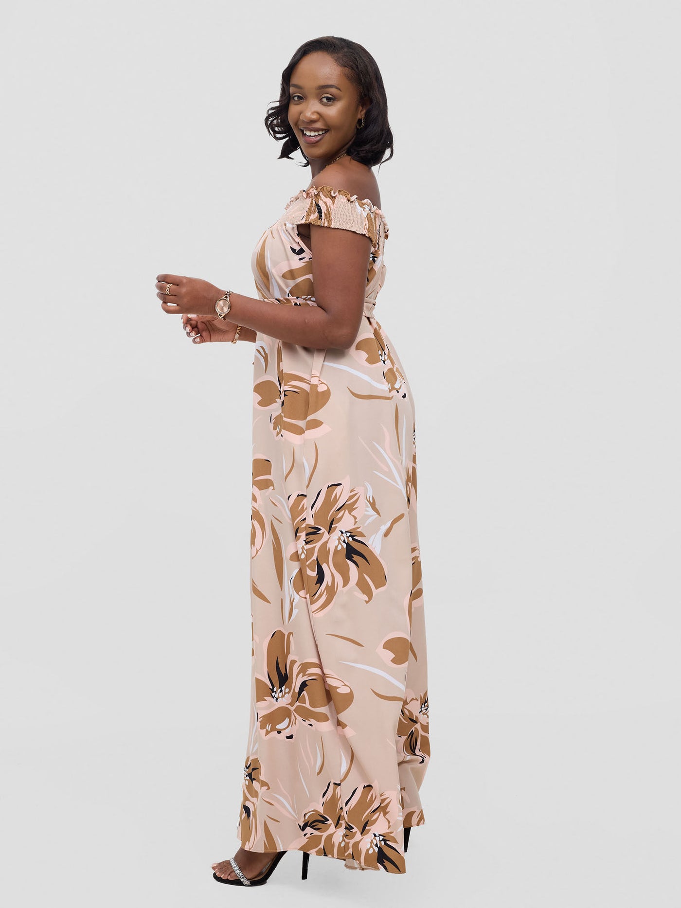 Vivo Alek Shirred Off - Shoulder Jumpsuit - Taupe Jazah Print - Shopzetu