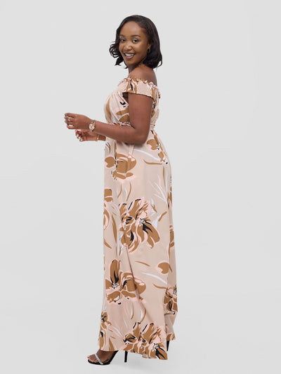 Vivo Alek Shirred Off - Shoulder Jumpsuit - Taupe Jazah Print - Shopzetu