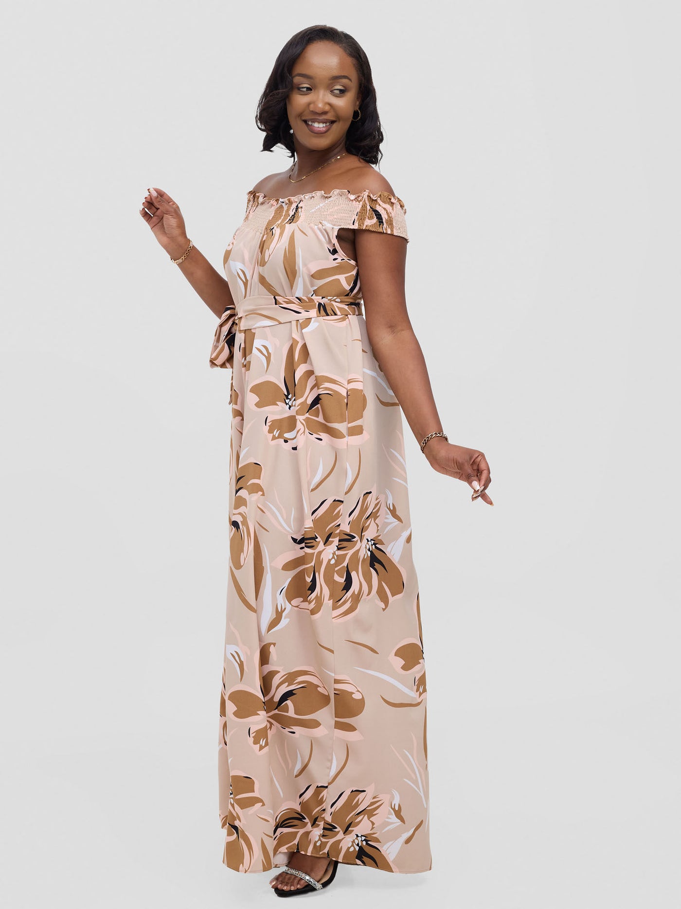 Vivo Alek Shirred Off - Shoulder Jumpsuit - Taupe Jazah Print - Shopzetu