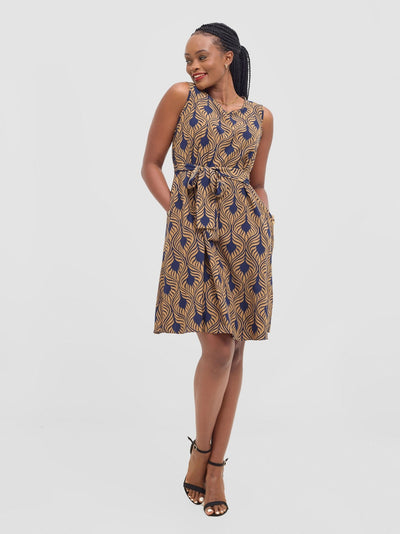 Vivo Basic Sleeveless Tent Dress - Navy / Tan Sika Print - Shopzetu