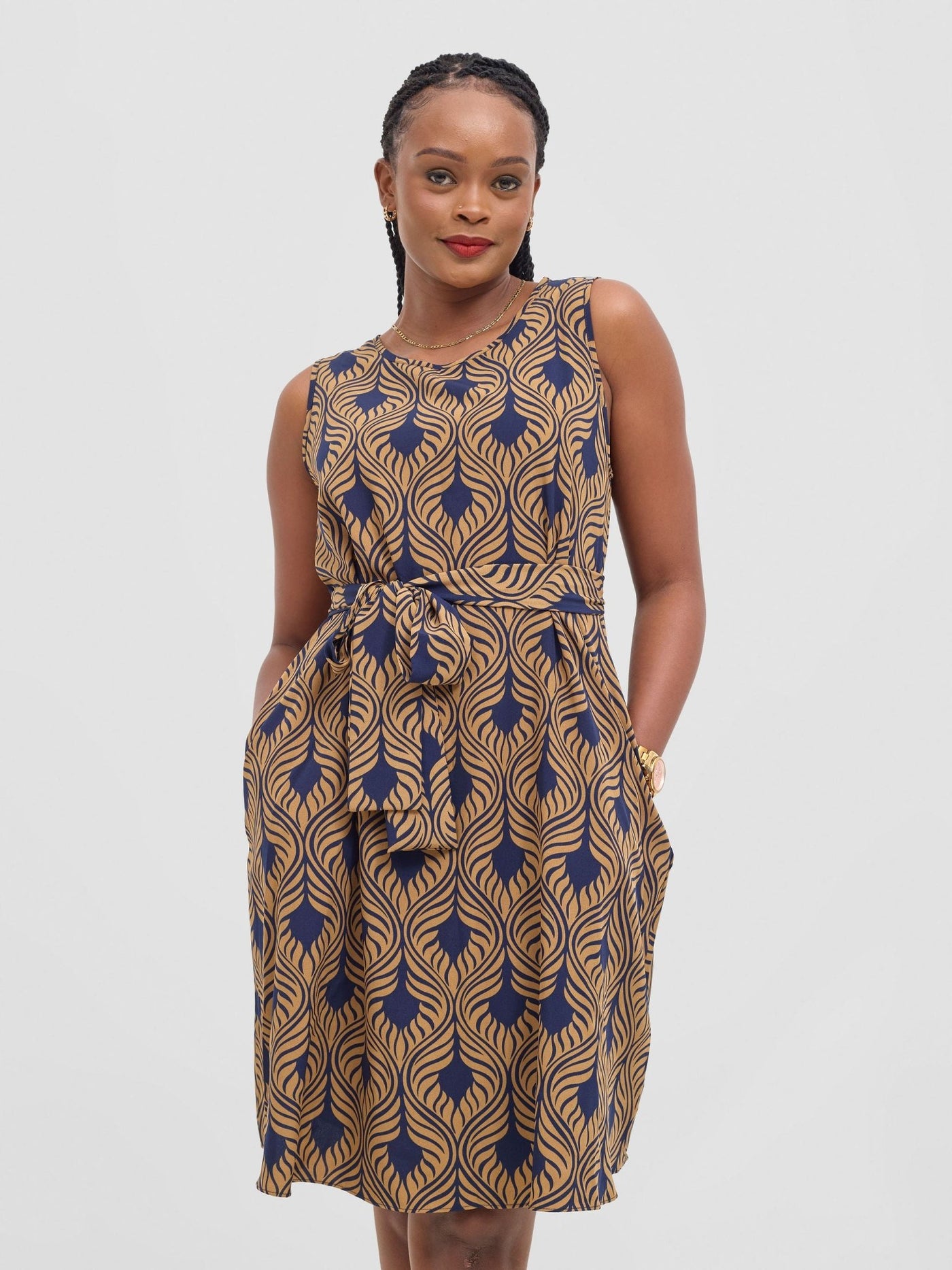 Vivo Basic Sleeveless Tent Dress - Navy / Tan Sika Print - Shopzetu