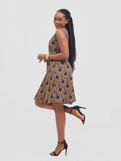 Vivo Basic Sleeveless Tent Dress - Navy / Tan Sika Print - Shopzetu