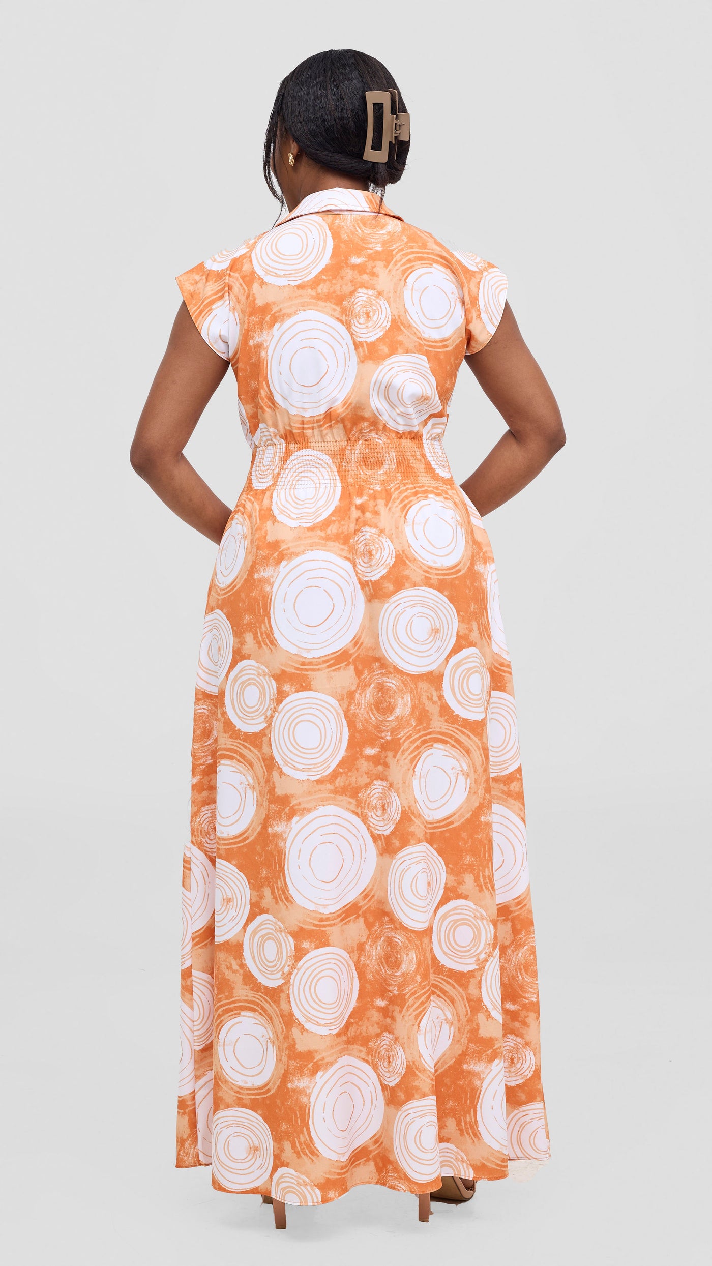 Vivo Zena Shirred Waist Maxi Shirt Dress - Orange / White Ebu Print