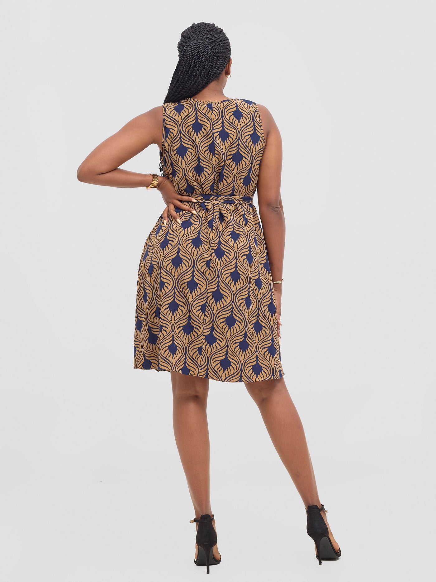 Vivo Basic Sleeveless Tent Dress - Navy / Tan Sika Print