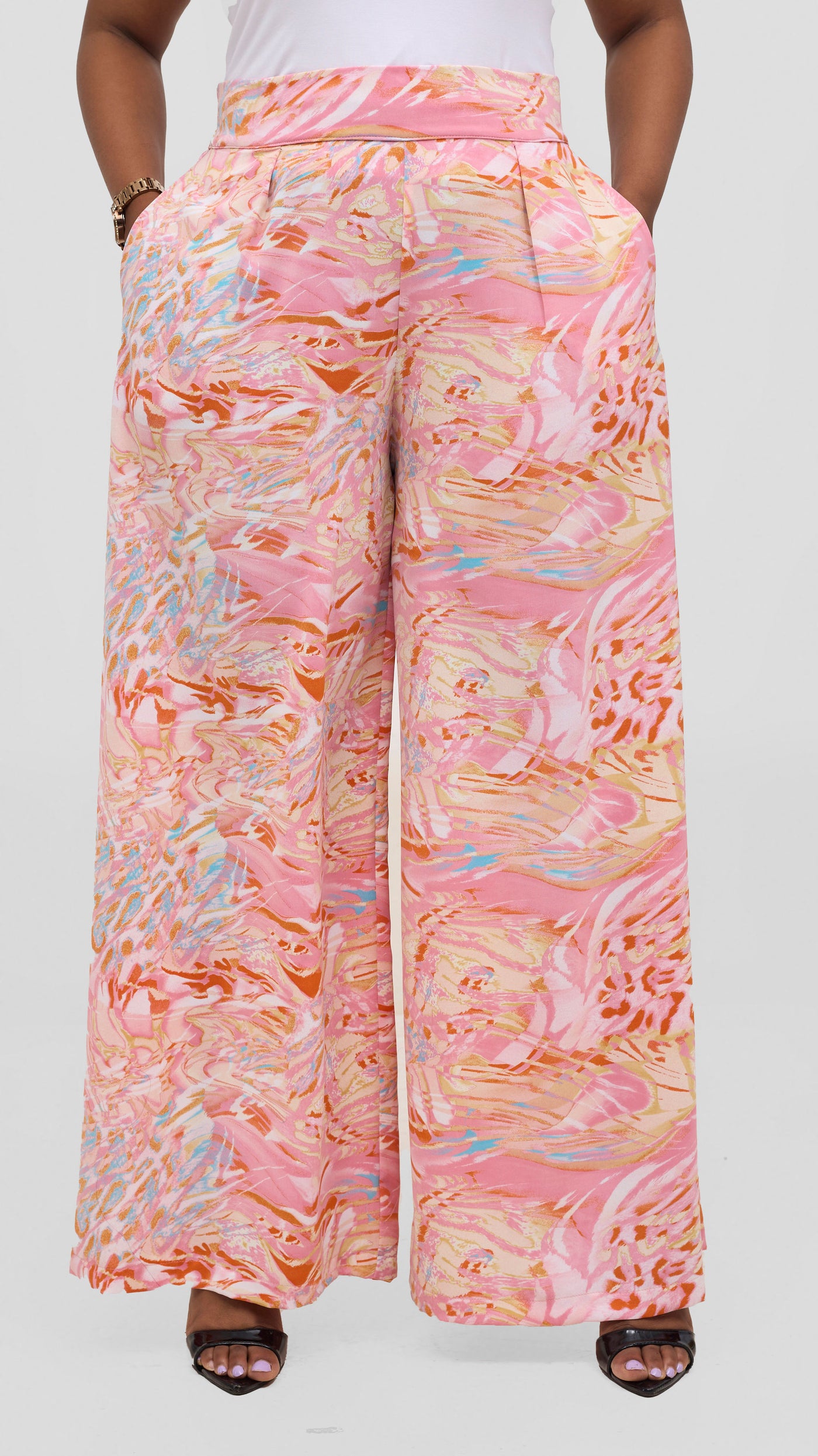 Vivo Basic Crepe Pants -Pink / Orange Print