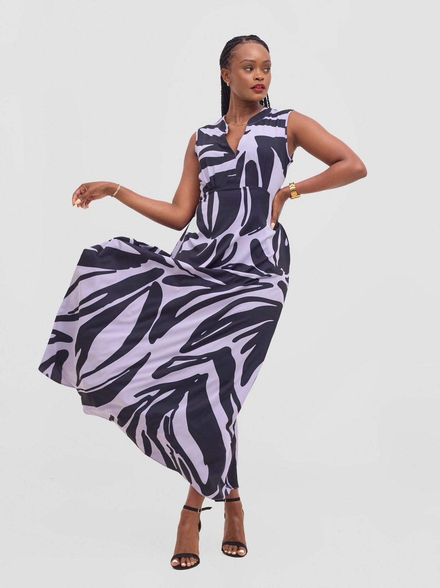 Vivo Chesi V - Neck Maxi Dress - Lilac / Navy Print - Shopzetu