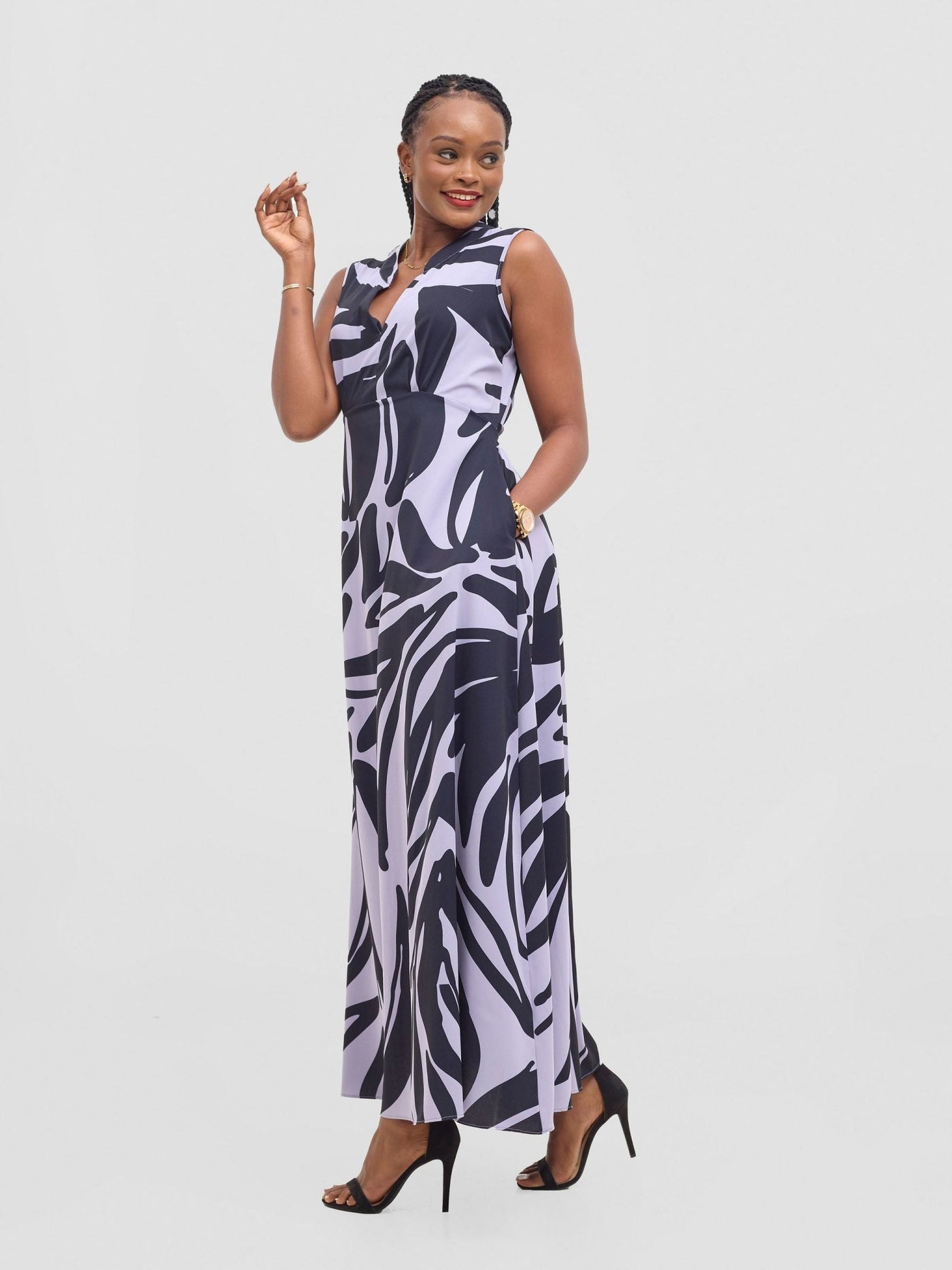 Vivo Chesi V - Neck Maxi Dress - Lilac / Navy Print - Shopzetu