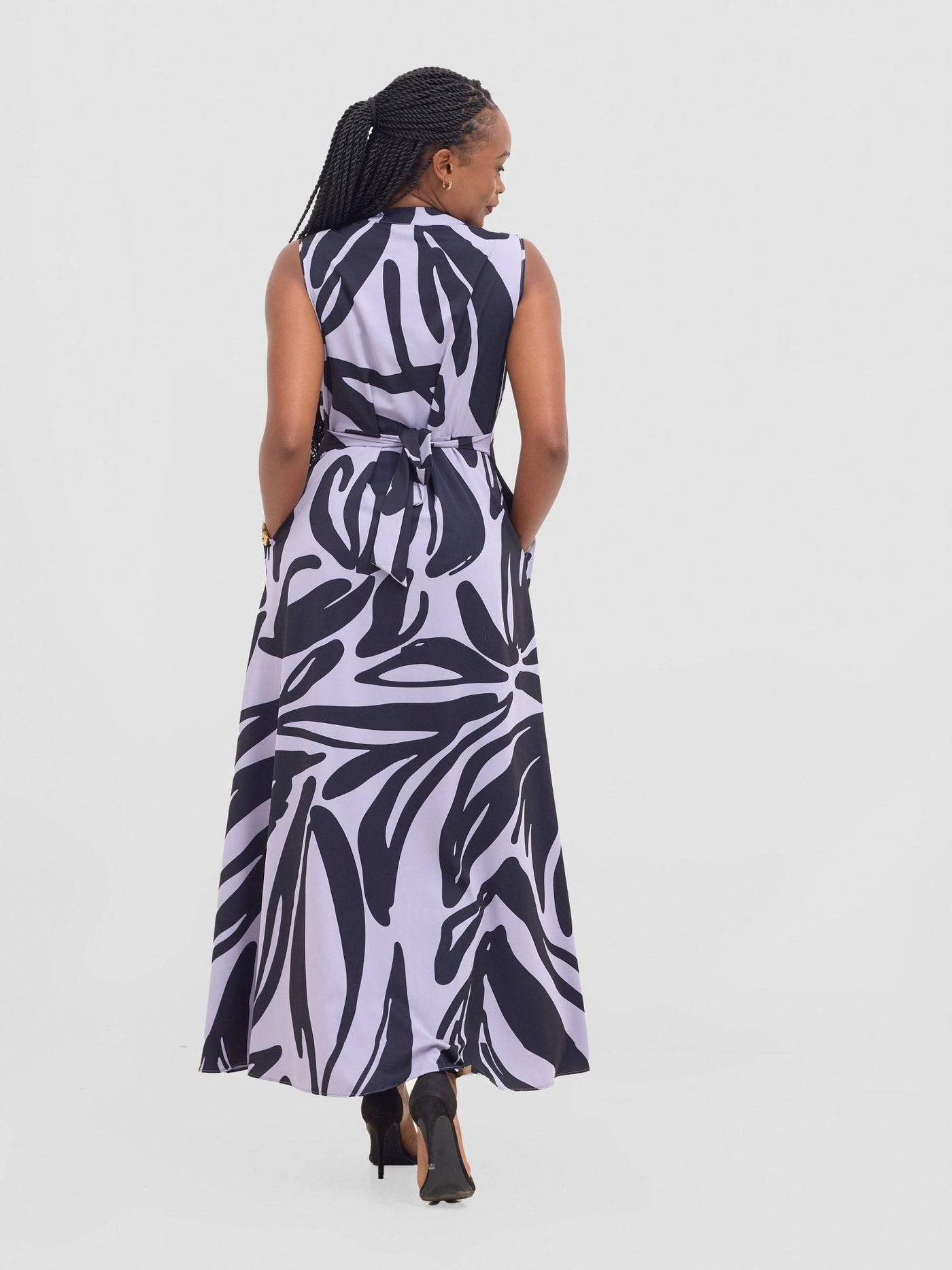 Vivo Chesi V - Neck Maxi Dress - Lilac / Navy Print - Shopzetu