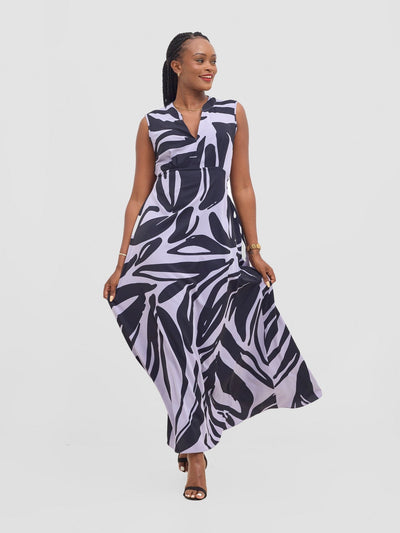 Vivo Chesi V - Neck Maxi Dress - Lilac / Navy Print - Shopzetu