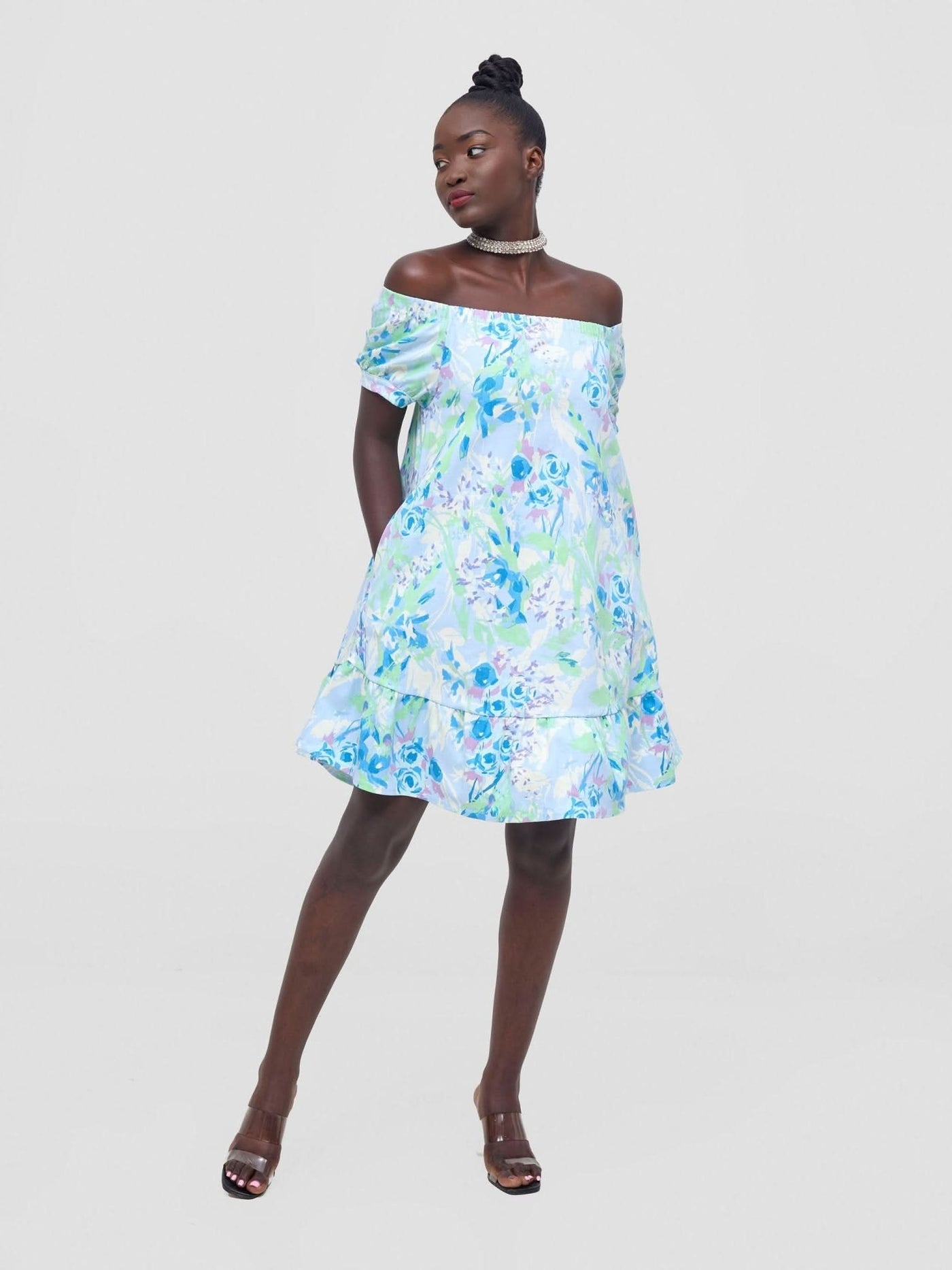Zoya Nia Off Shoulder Knee Length Dress - Blue / Lime Green Floral Print - Shopzetu