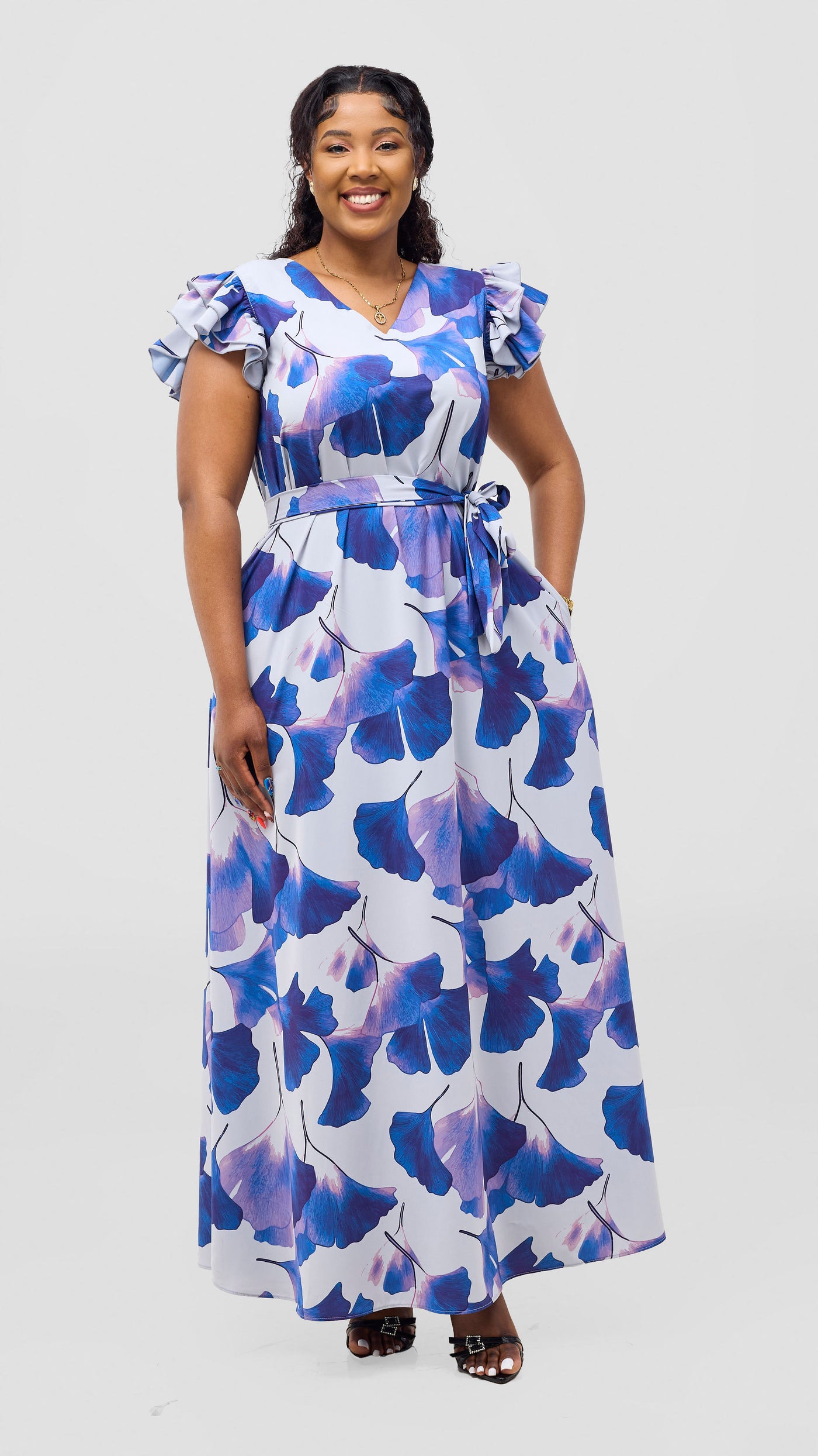Vivo Nasinka A-Line Maxi Dress - Grey / Blue Tilla Print