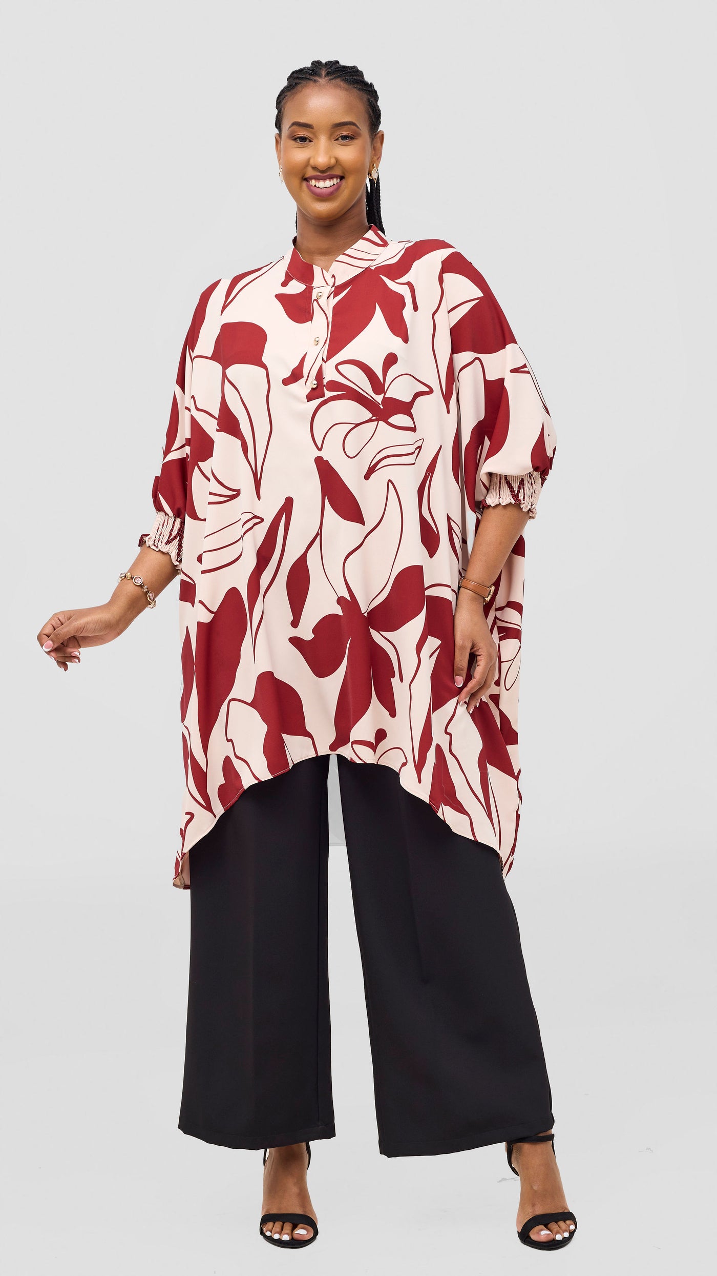 Vivo Wastani 3/4 Shirred Sleeve Wide Tunic - Beige / Dark Rust Zia Print