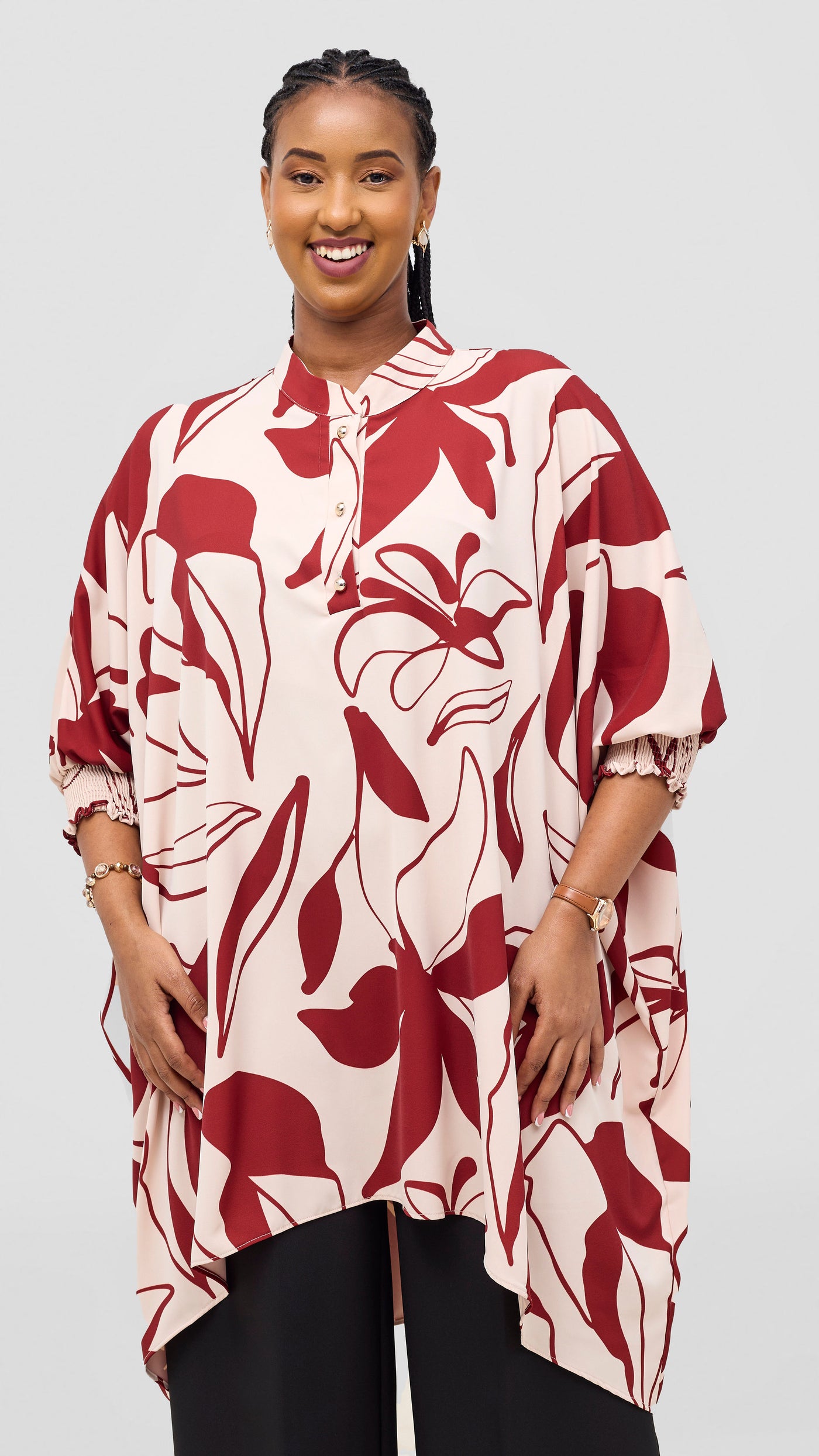 Vivo Wastani 3/4 Shirred Sleeve Wide Tunic - Beige / Dark Rust Zia Print
