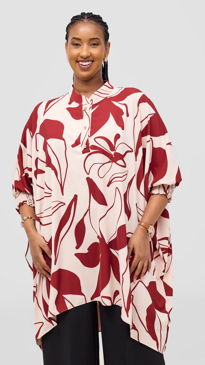 Vivo Wastani 3/4 Shirred Sleeve Wide Tunic - Beige / Dark Rust Zia Print