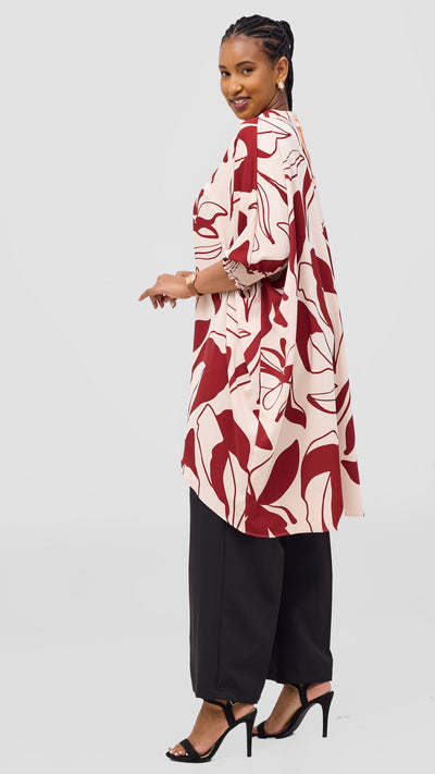 Vivo Wastani 3/4 Shirred Sleeve Wide Tunic - Beige / Dark Rust Zia Print