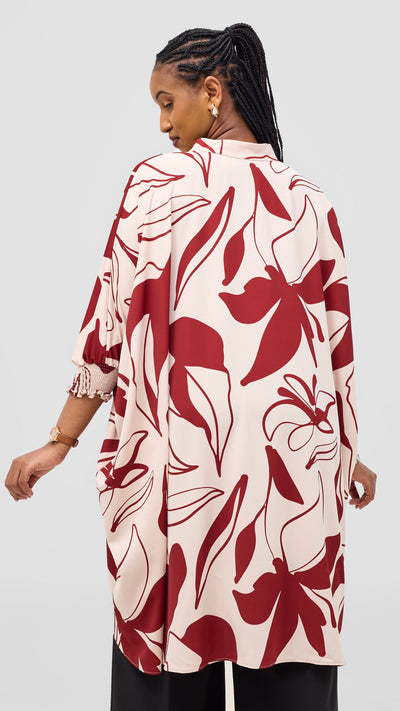 Vivo Wastani 3/4 Shirred Sleeve Wide Tunic - Beige / Dark Rust Zia Print