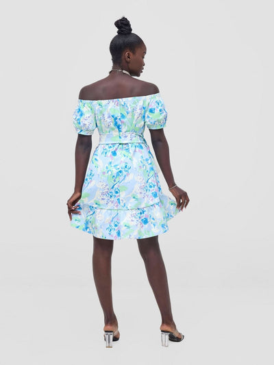 Zoya Nia Off Shoulder Knee Length Dress - Blue / Lime Green Floral Print - Shopzetu