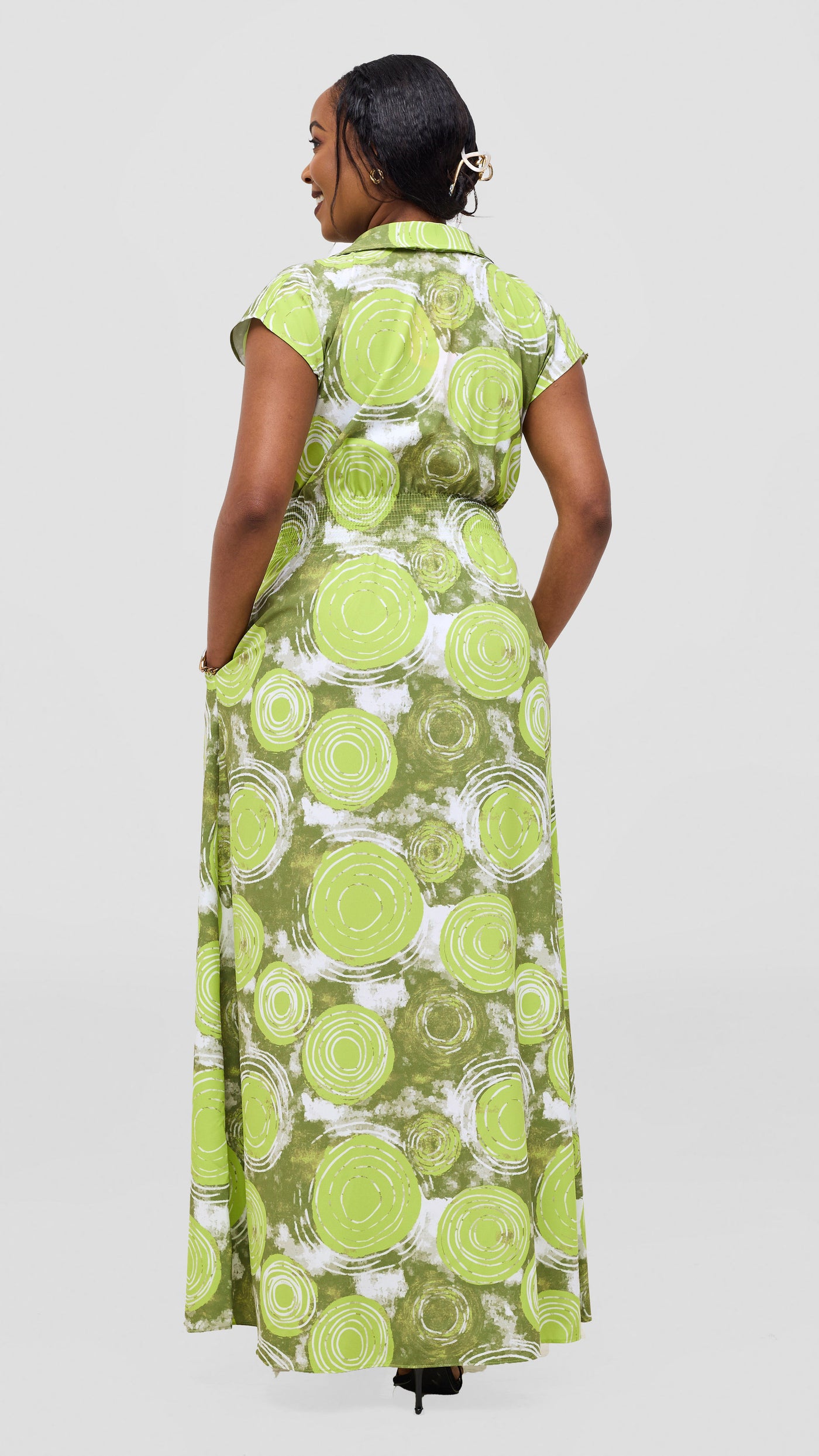 Vivo Zena Shirred Waist Maxi Shirt Dress - Hunters / Lime Ebu Print