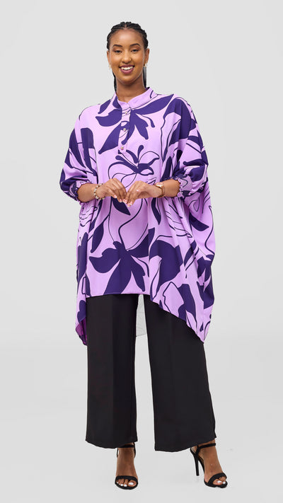 Vivo Wastani 3/4 Shirred Sleeve Wide Tunic - Lilac / Purple Zia Print