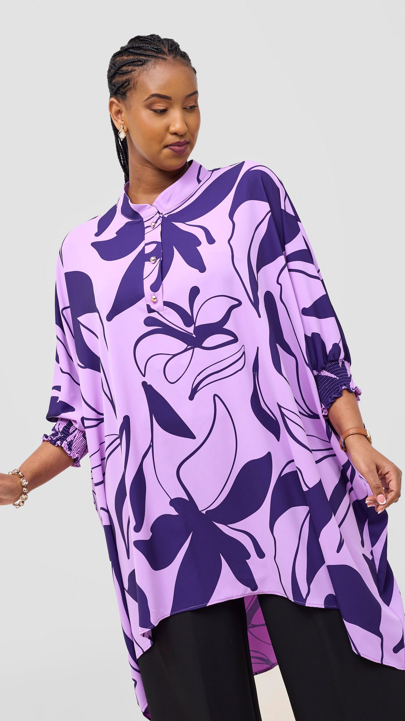 Vivo Wastani 3/4 Shirred Sleeve Wide Tunic - Lilac / Purple Zia Print