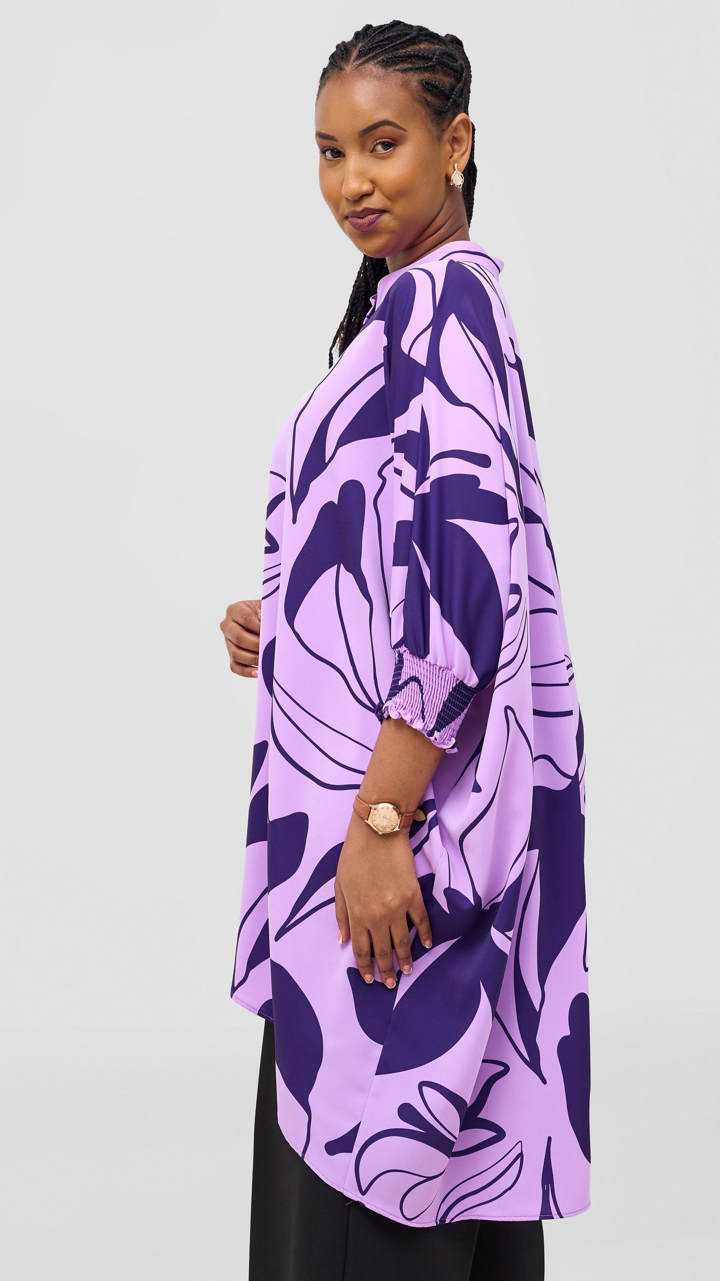Vivo Wastani 3/4 Shirred Sleeve Wide Tunic - Lilac / Purple Zia Print