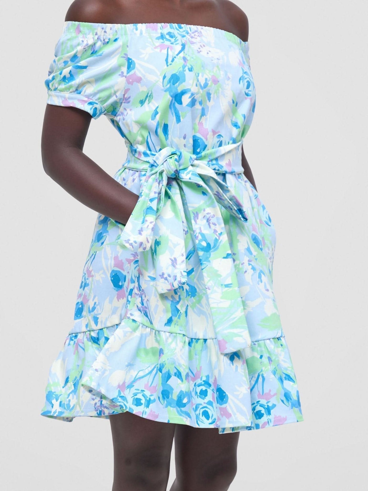 Zoya Nia Off Shoulder Knee Length Dress - Blue / Lime Green Floral Print - Shopzetu