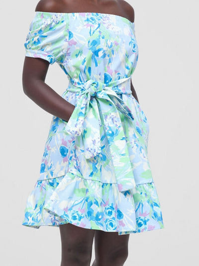 Zoya Nia Off Shoulder Knee Length Dress - Blue / Lime Green Floral Print - Shopzetu