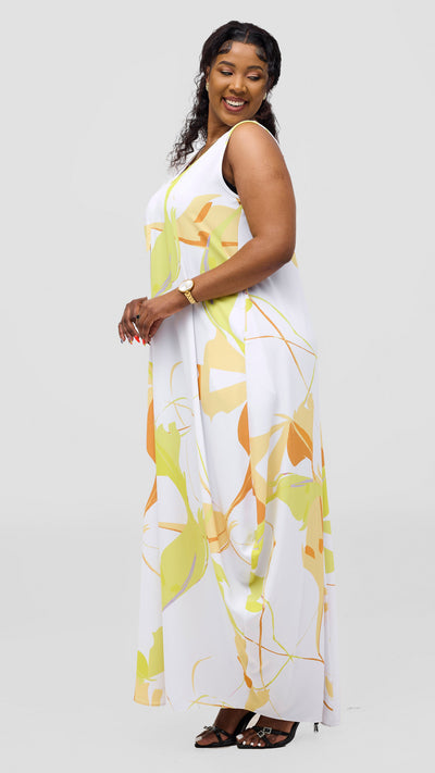 Vivo Kemi Side Cowl Maxi Dress - White / Lime Emi Print