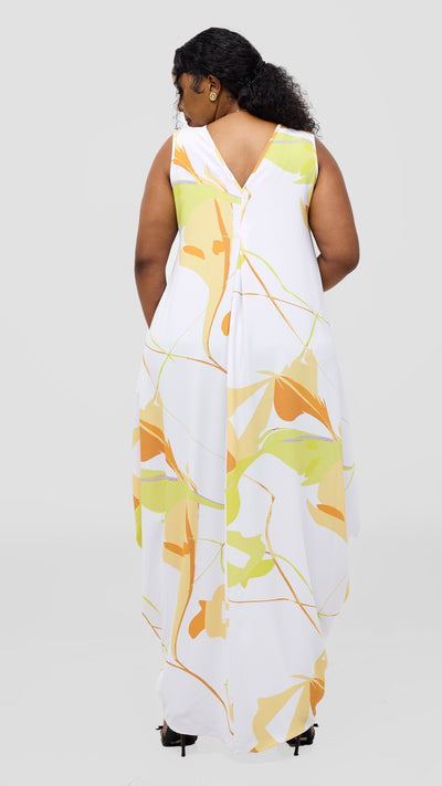 Vivo Kemi Side Cowl Maxi Dress - White / Lime Emi Print