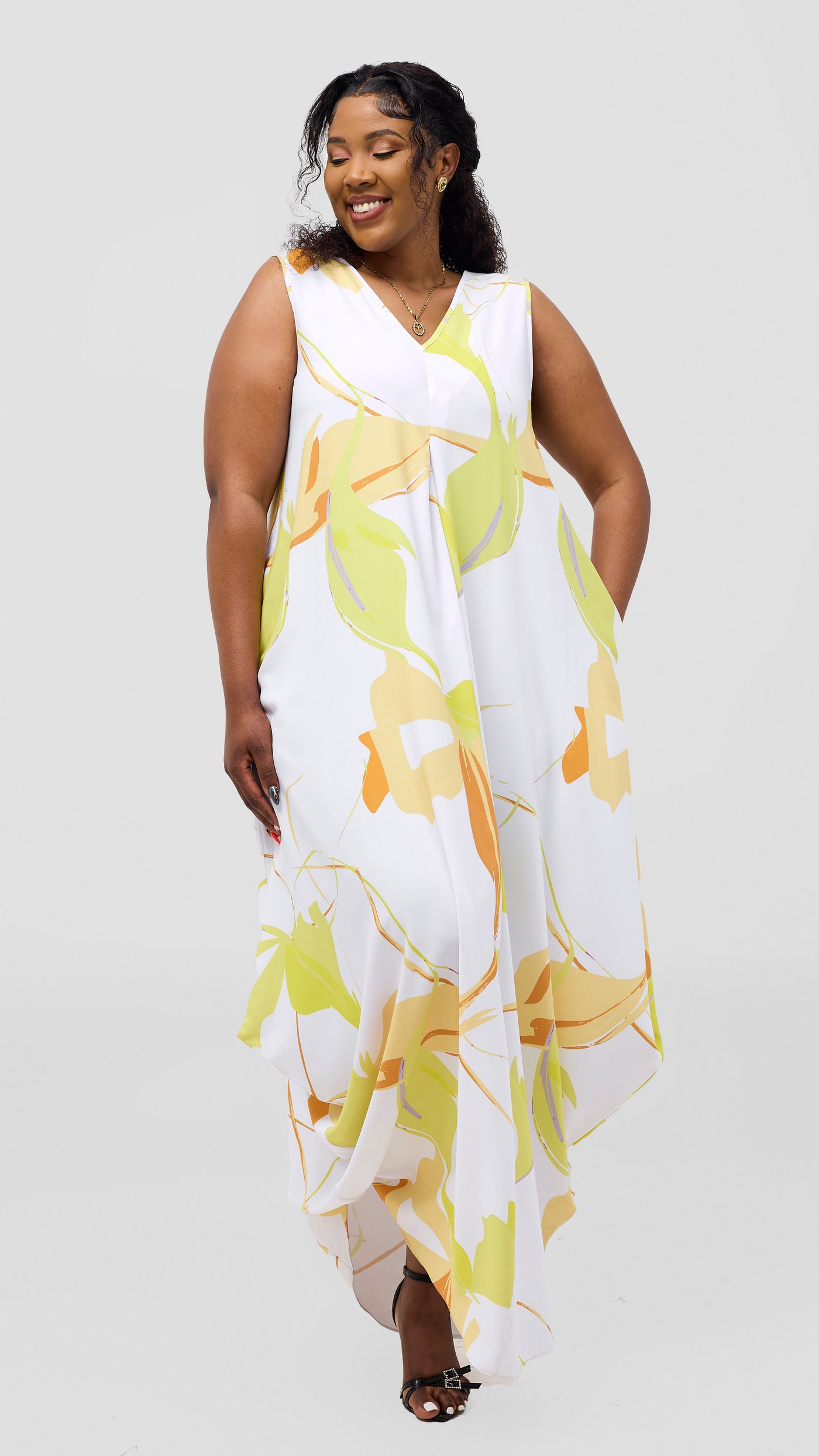 Vivo Kemi Side Cowl Maxi Dress - White / Lime Emi Print