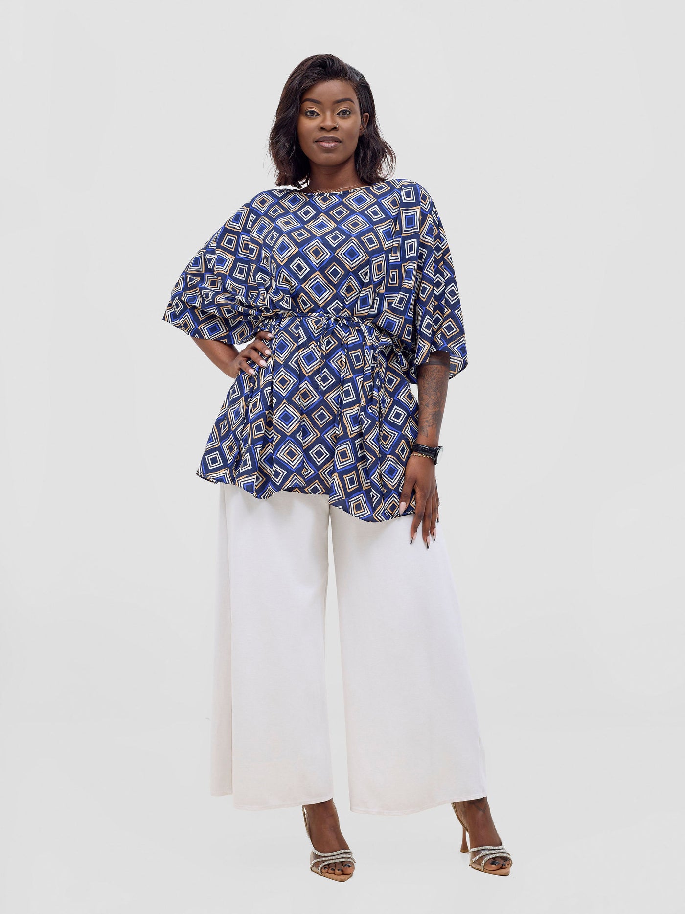 Vivo Basic Chiffon Tie Kaftan Top - Navy / Royal Blue Api Print
