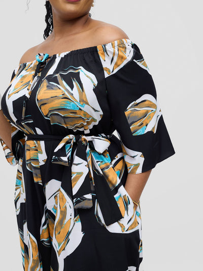 Vivo Zahari 3/4 Sleeve Off - Shoulder Jumpsuit - Black Ari Print - Shopzetu