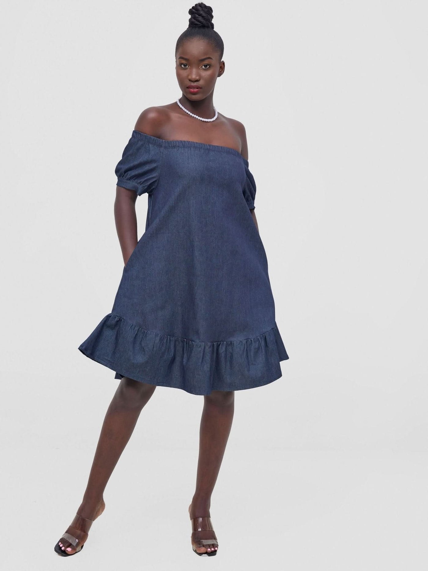 Zoya Nia Off Shoulder Knee Length Dress - Navy Blue - Shopzetu