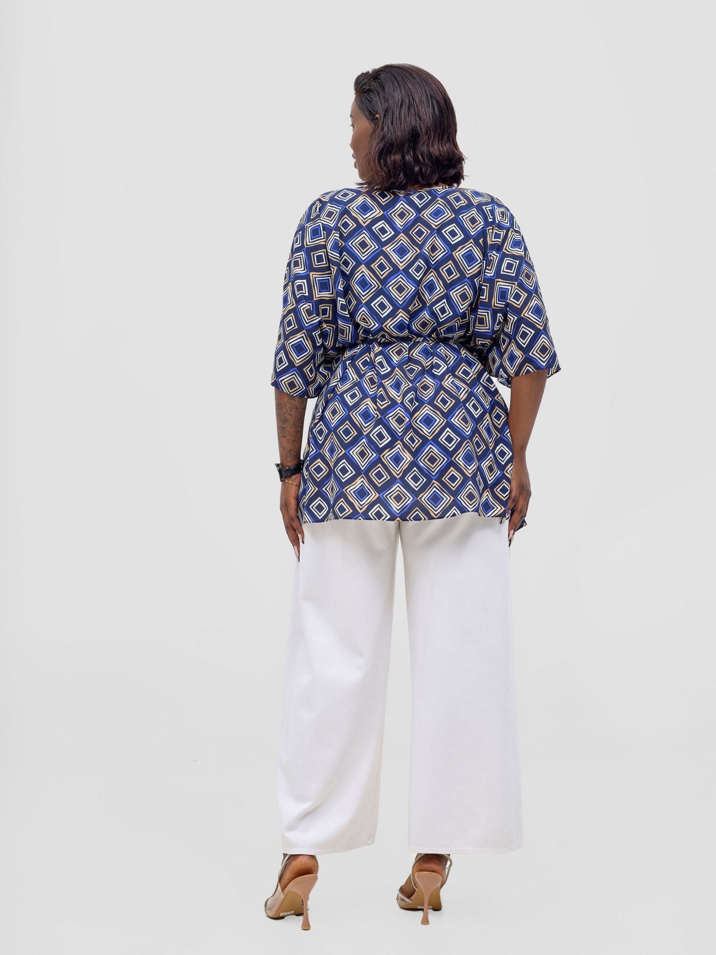 Vivo Basic Chiffon Tie Kaftan Top - Navy / Royal Blue Api Print - Shopzetu