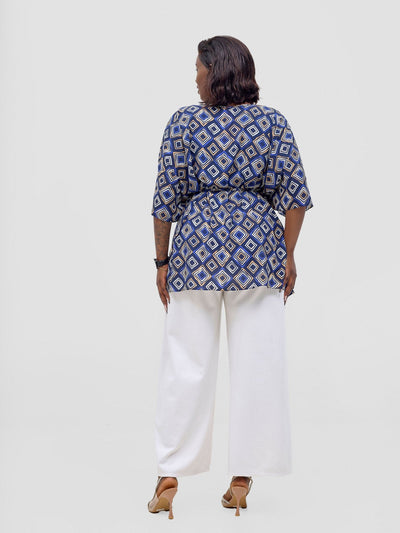 Vivo Basic Chiffon Tie Kaftan Top - Navy / Royal Blue Api Print - Shopzetu