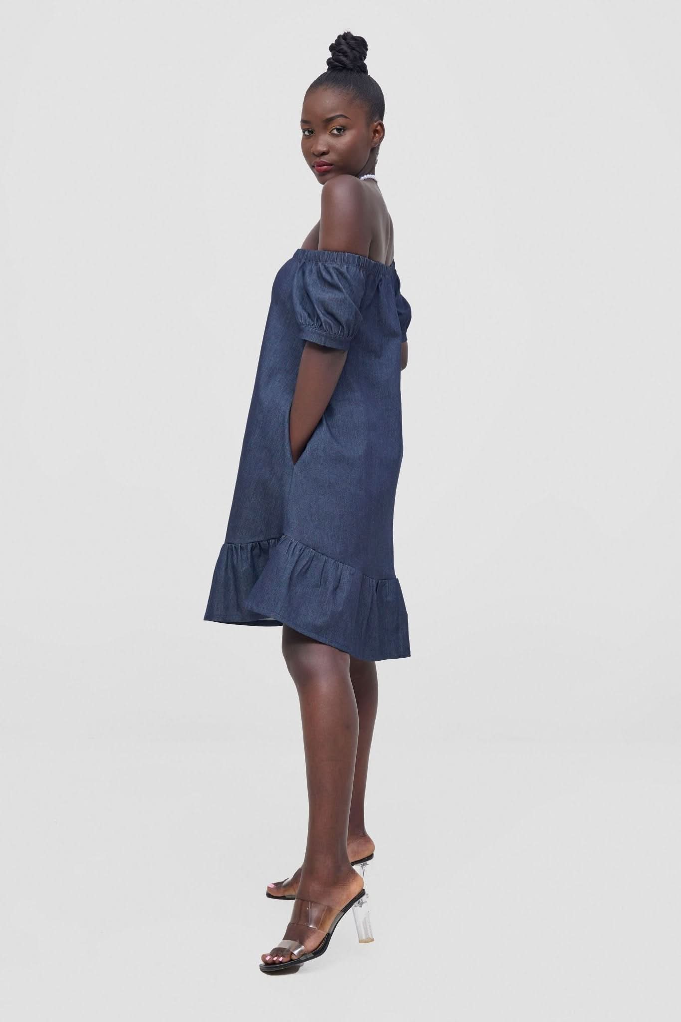 Zoya Nia Off Shoulder Knee Length Dress - Navy Blue - Shopzetu