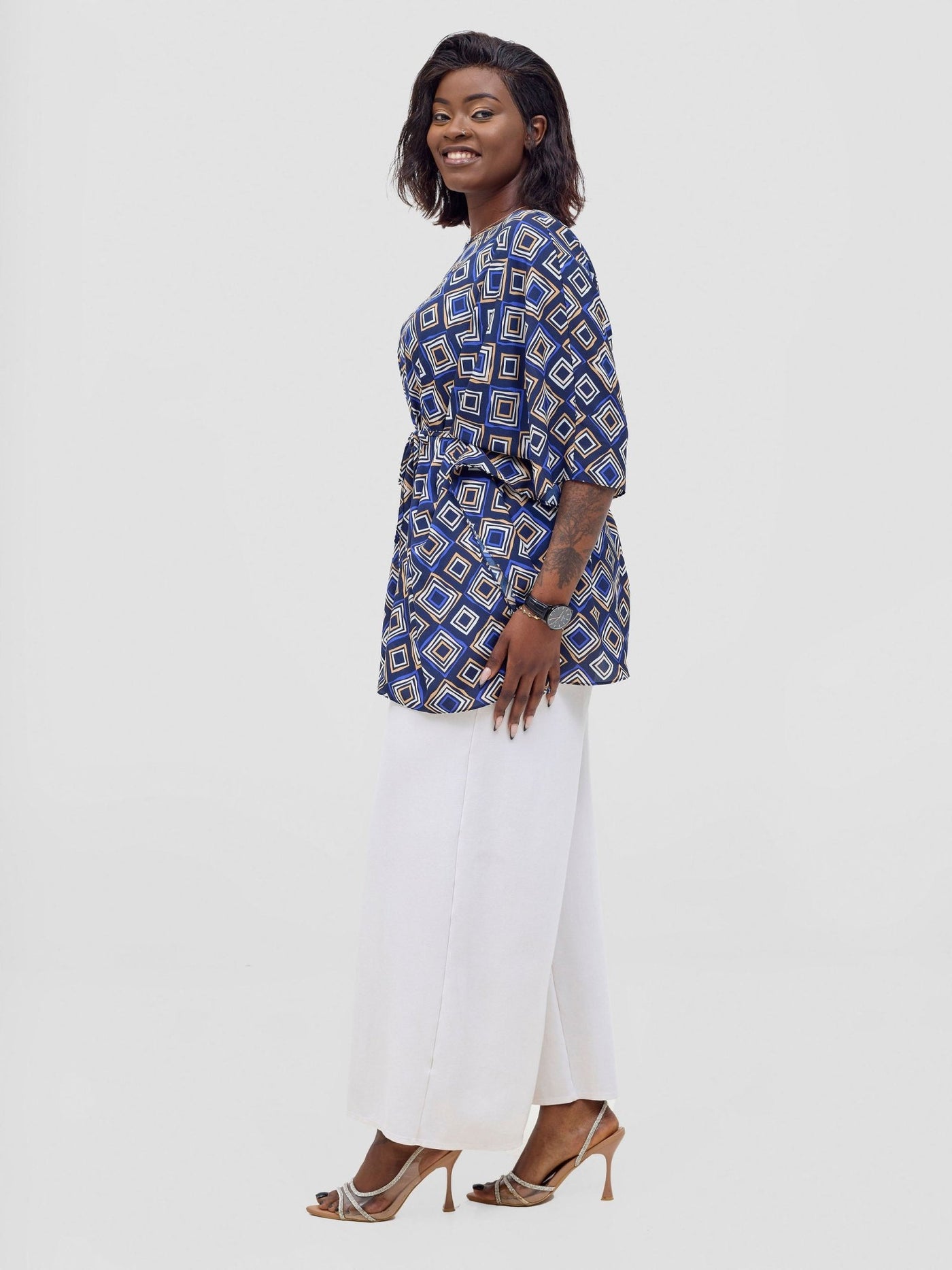 Vivo Basic Chiffon Tie Kaftan Top - Navy / Royal Blue Api Print - Shopzetu