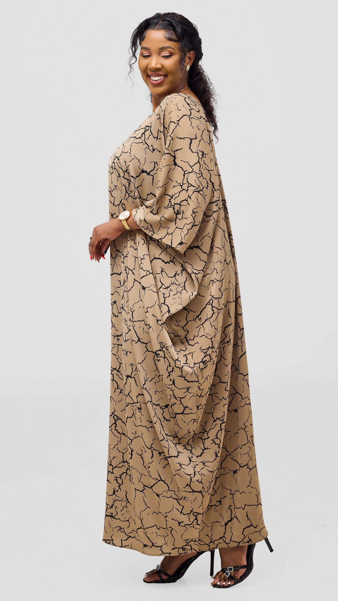 Vivo Keza V-Neck Maxi Kaftan - Tan / Black