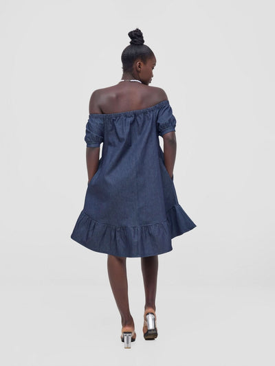 Zoya Nia Off Shoulder Knee Length Dress - Navy Blue - Shopzetu
