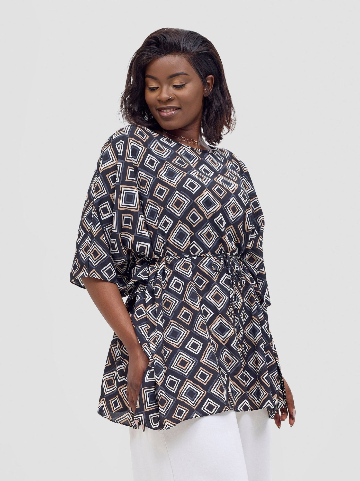 Vivo Basic Chiffon Tie Kaftan Top - Black / Taupe Api Print - Shopzetu