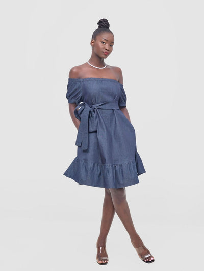 Zoya Nia Off Shoulder Knee Length Dress - Navy Blue - Shopzetu