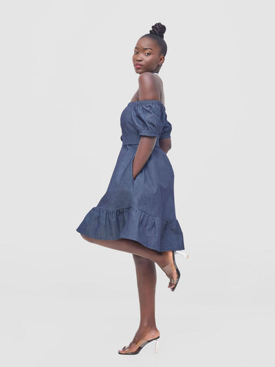 Zoya Nia Off Shoulder Knee Length Dress - Navy Blue - Shopzetu