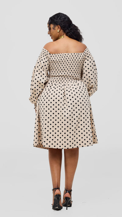 Safari Nazari Off Shoulder Dress - Beige / Black Polka Print