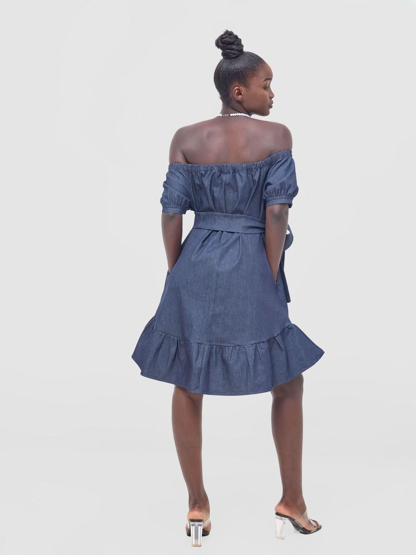 Zoya Nia Off Shoulder Knee Length Dress - Navy Blue - Shopzetu