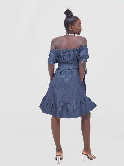 Zoya Nia Off Shoulder Knee Length Dress - Navy Blue - Shopzetu