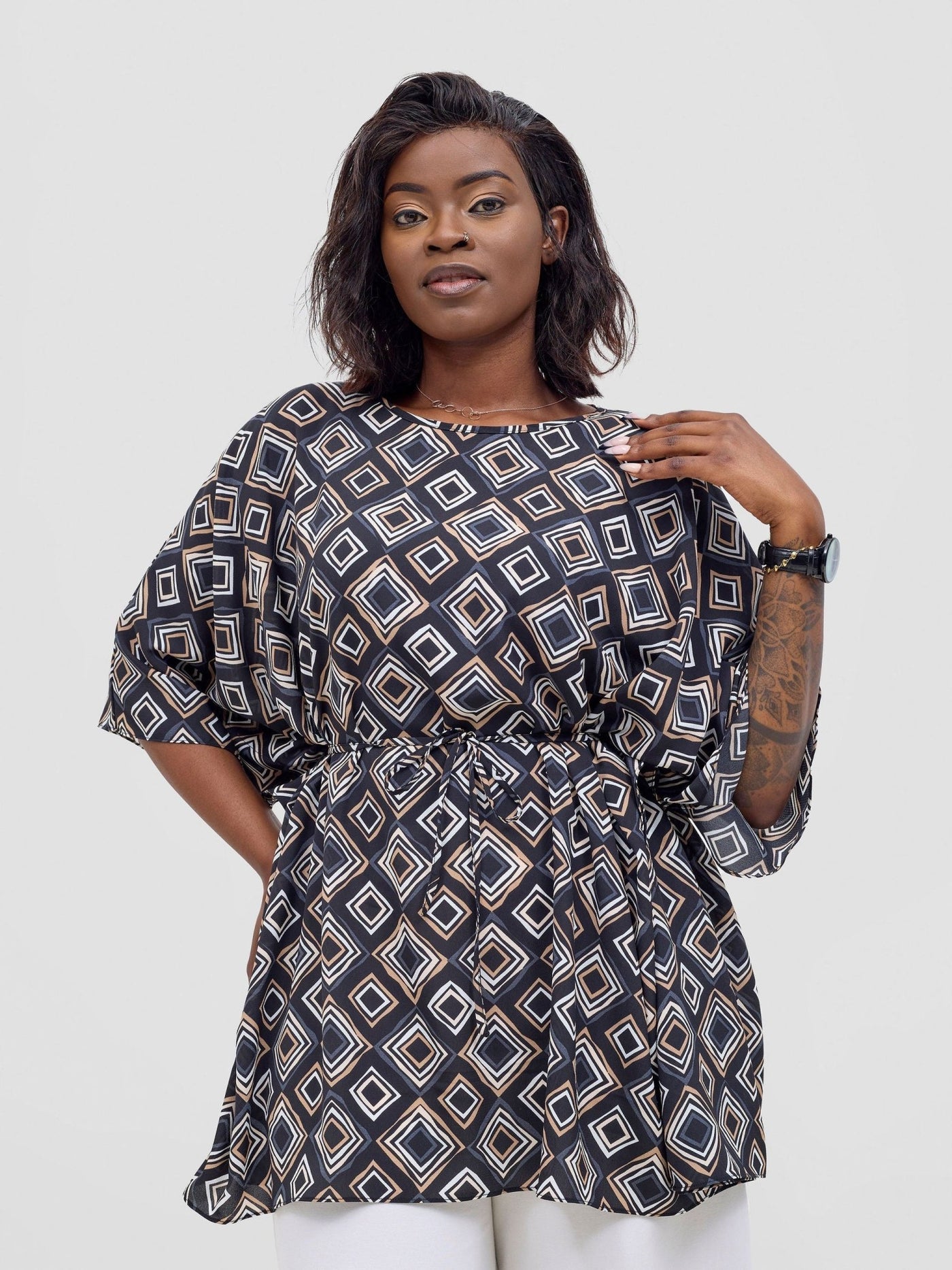 Vivo Basic Chiffon Tie Kaftan Top - Black / Taupe Api Print - Shopzetu
