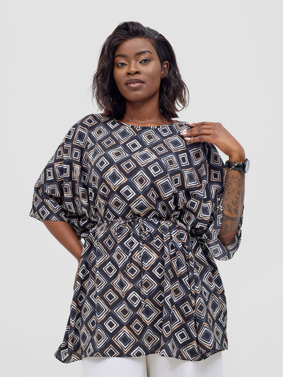Vivo Basic Chiffon Tie Kaftan Top - Black / Taupe Api Print - Shopzetu