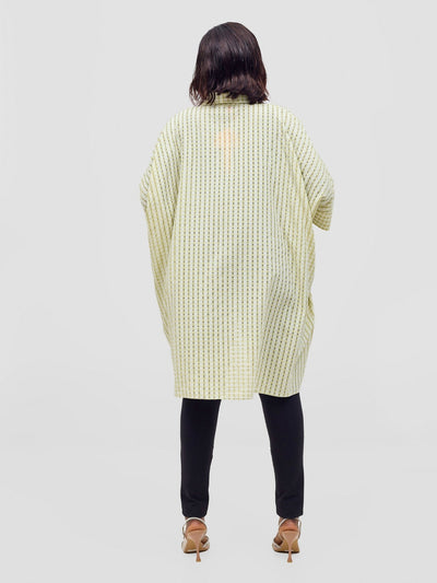 Vivo Mistari 3/4 Sleeve V - Neck Collared Tunic Top - Light Olive Checkered - Shopzetu