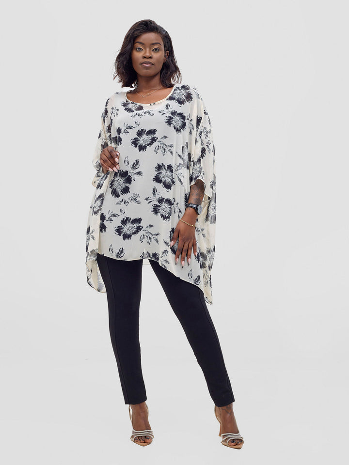 Vivo Basic Liv Chiffon Top - Off-white / Black Print