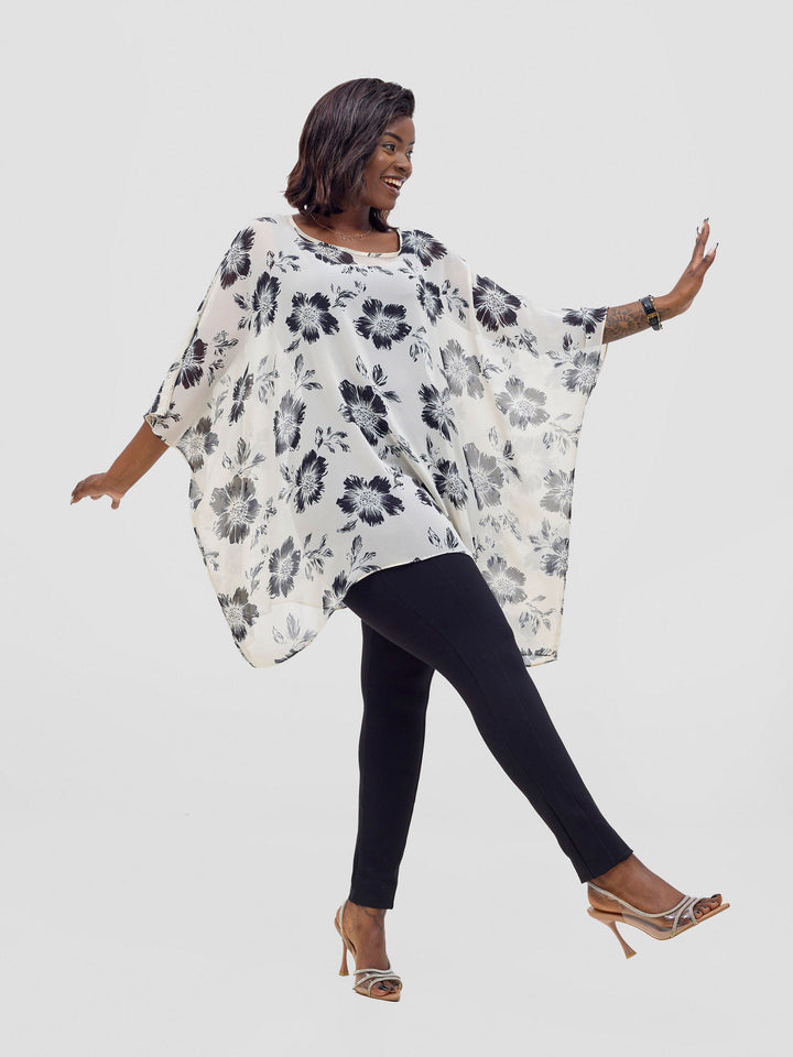 Vivo Basic Liv Chiffon Top - Off-white / Black Print